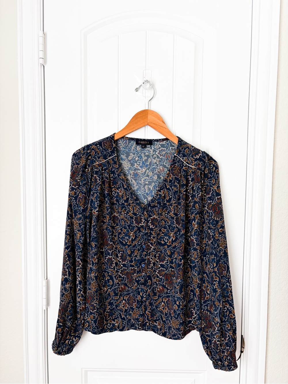 Caroll Paris Blouse Navy Brown Long Sleeve Size XS